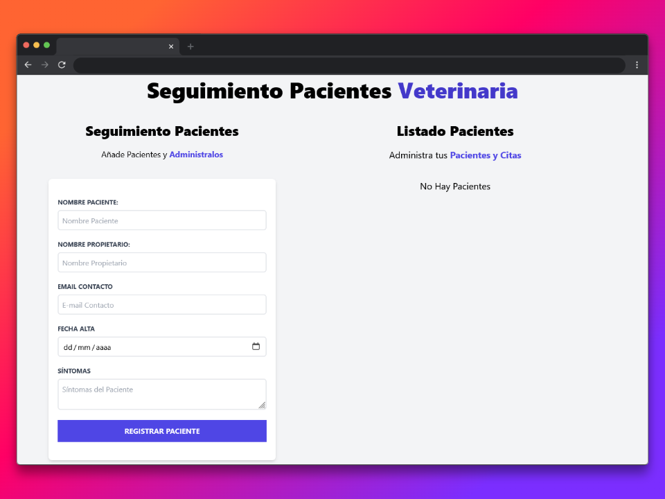 Aplicación web para gestión pacientes veterianos, con diseño minimalista y formulario funcional