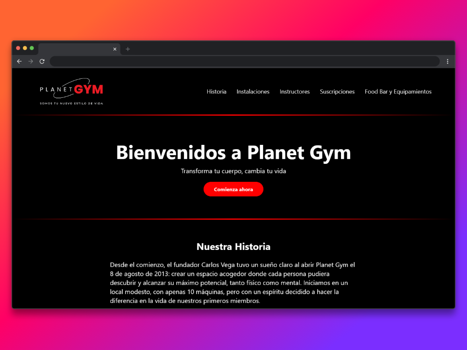 Pagina web del sitio planet gym. Con diseño oscuro y detalles en rojo