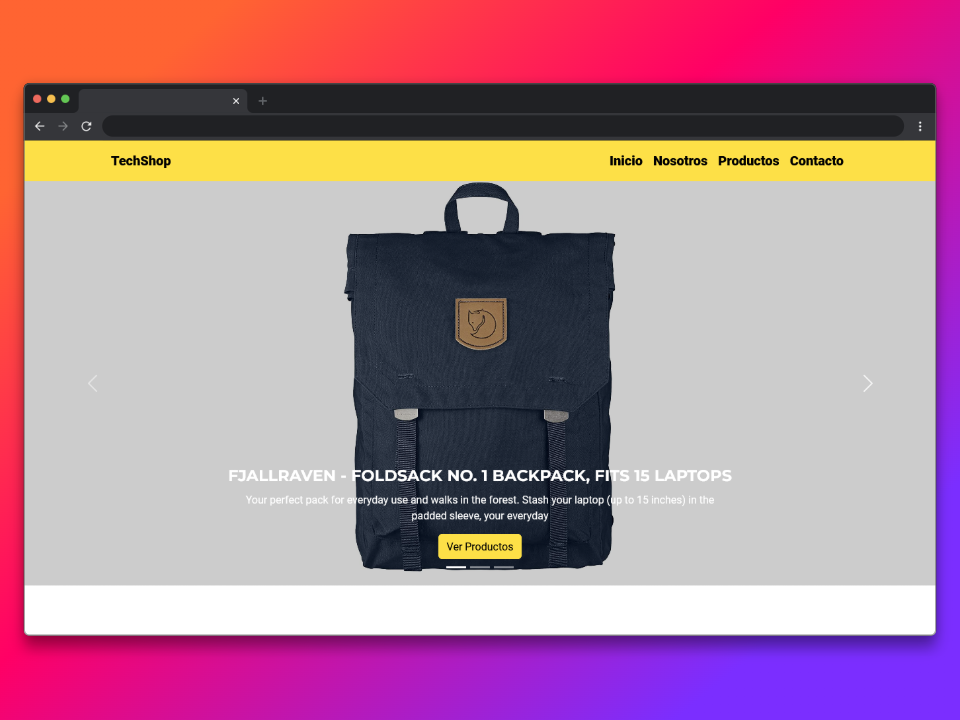 Pagina web del sitio TechShop, tienda en línea con diseño morderno en amarillo y negro, y carrusel destacado de productos